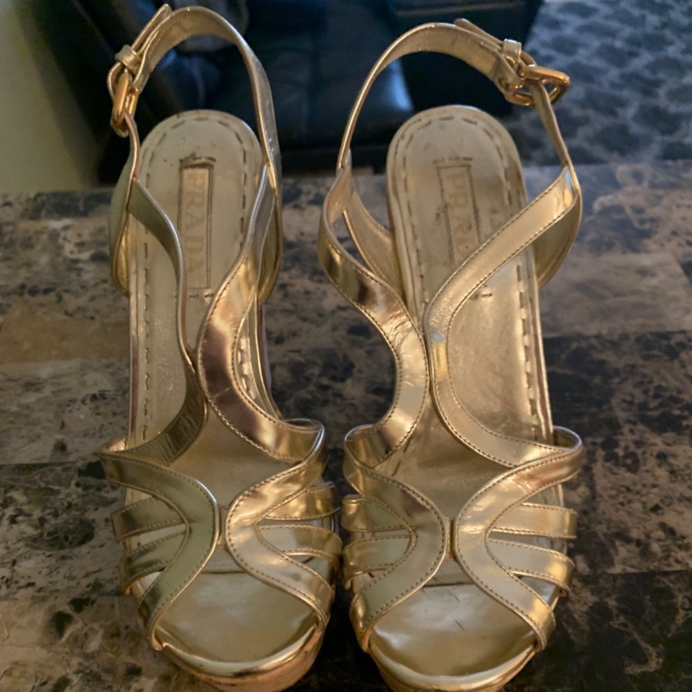 Prada Authentic Gold Cork Heels